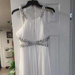 Jodi Kristopher White Dress with Silver Accents And Lace Accent Sides